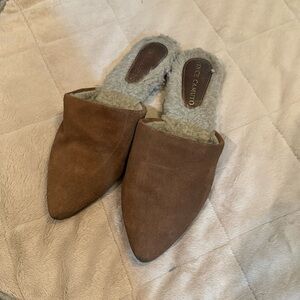 Vince Camuto fur lined camel mules size 6